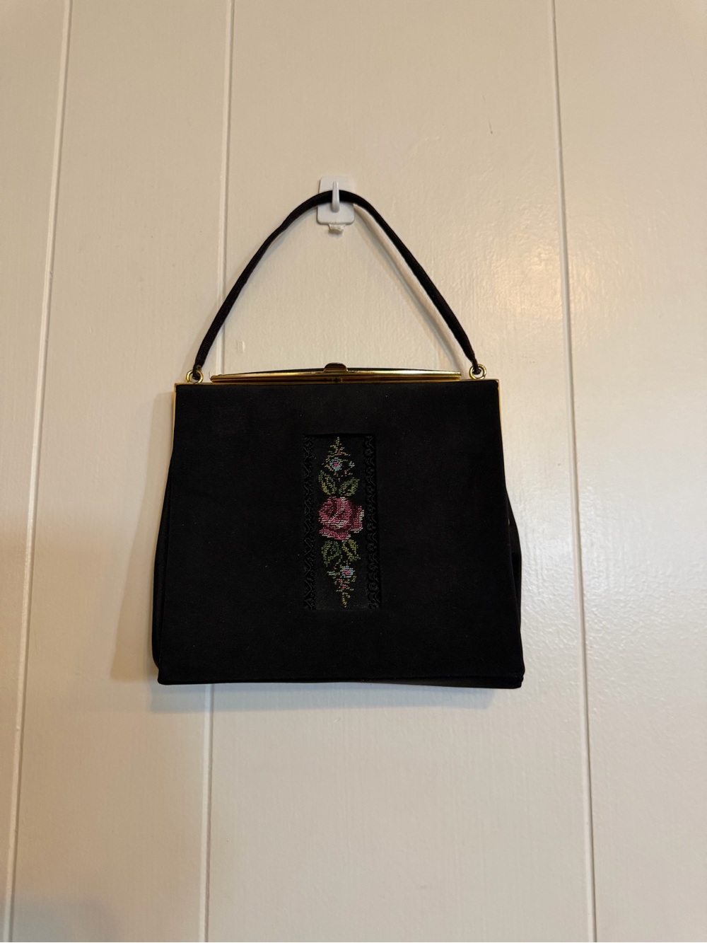 Black Floral Embroidered Frame-Top Handbag